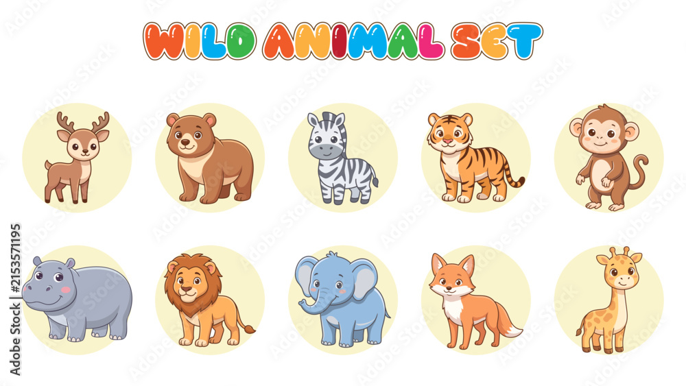 Naklejka premium A collection of cute wild animal characters including a lion tiger elephant and other friendly jungle creatures