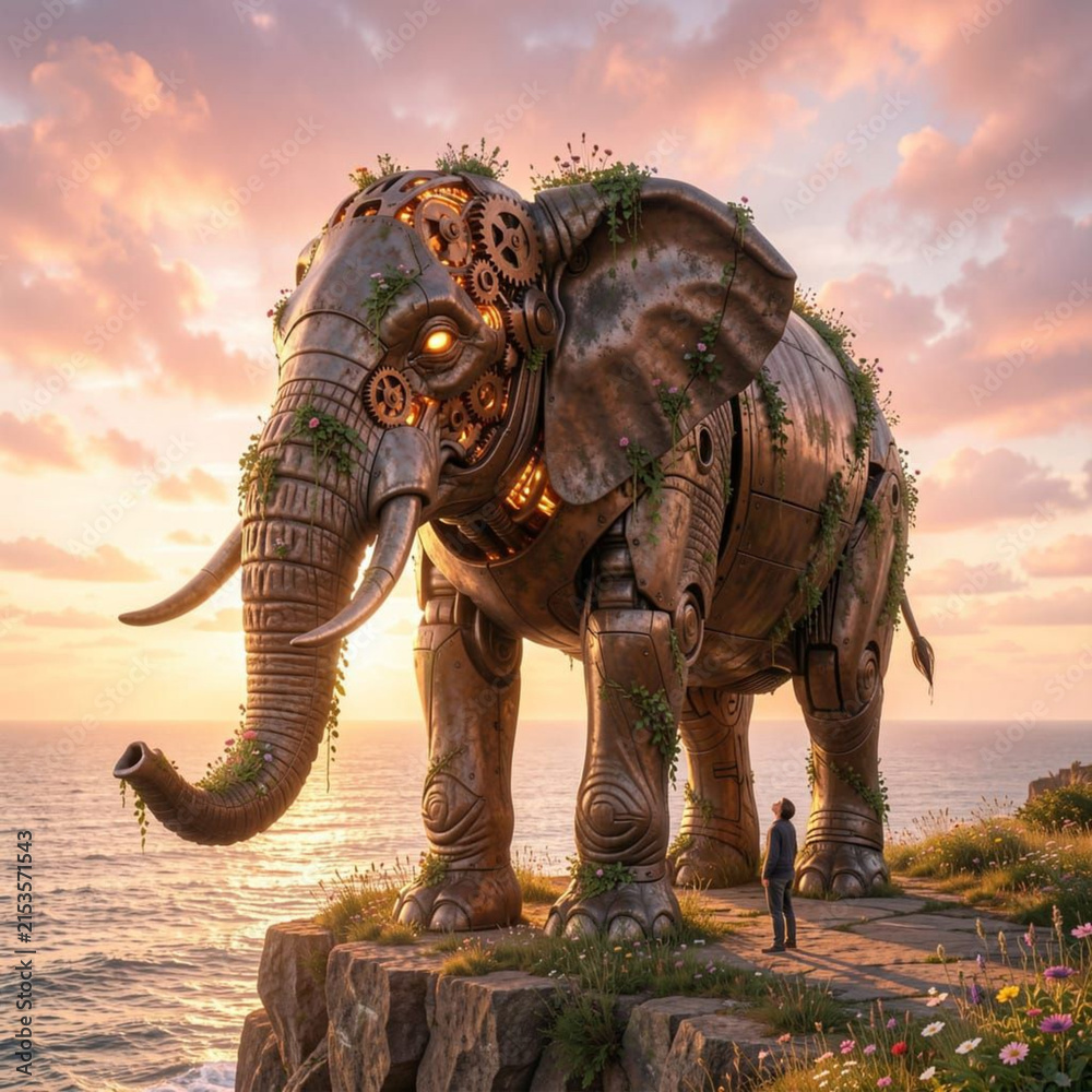 Fototapeta premium Mechanic elephant at sunset
