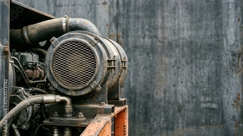 Old weathered diesel engine air filter and machinery components.