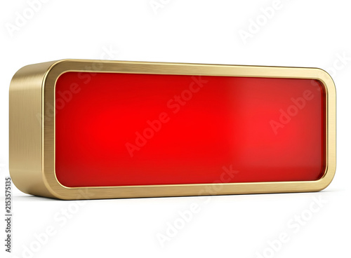Shiny rectangular red button with gold metallic border frame isolated on transparent background