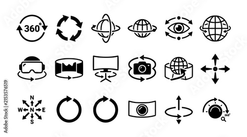 Фотография 360 degree view rotation and virtual reality icon set with panoramic navigation