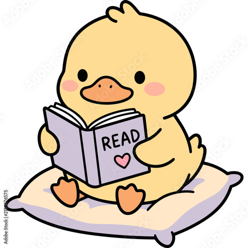 Cute Duck Reading a Book: A charming cartoon duckling sits comfortably on a cushion, engrossed in reading a book with READ written on its cover.