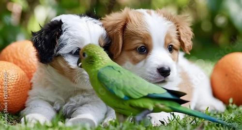 Two fluffy puppies are resting together on a green lawn when a small green parrot approaches them, creating an unlikely but heartwarming scene of interspecies friendship and curiosity