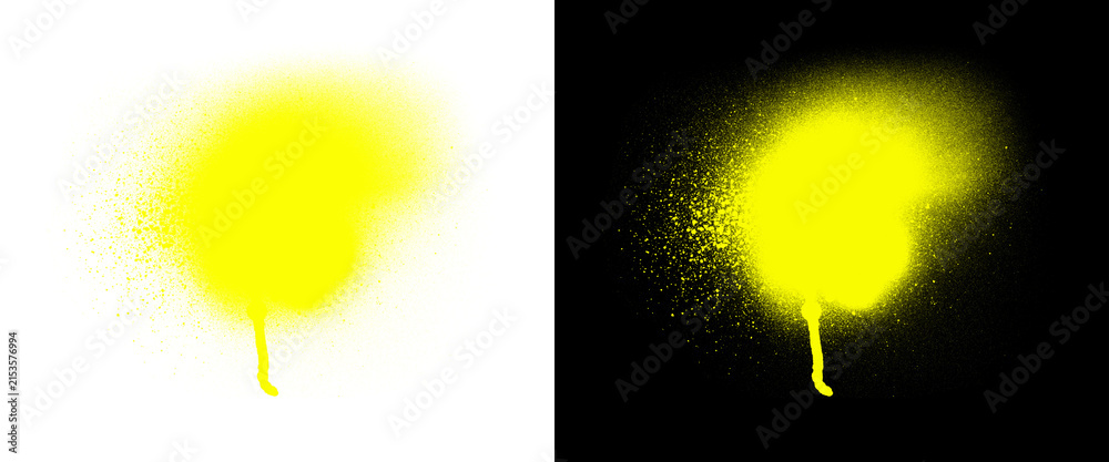 Obraz premium Yellow spray paint drip on white and black backgrounds, neon graffiti splatter texture, abstract aerosol paint blob for design