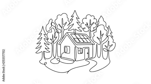 Foto Eco-friendly house with solar panels in a forest, continuous line drawing