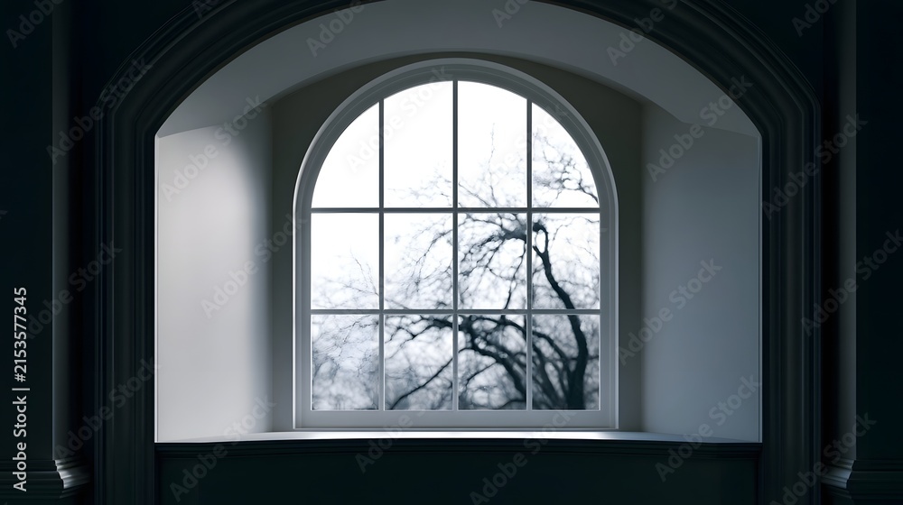 Fototapeta premium An elegant arched window frames bare tree branches against a bright sky set within a dark architectural alcove