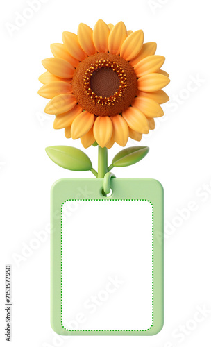 3D illustration of a sunflower with a blank green tag with a white label on a transparent background. 