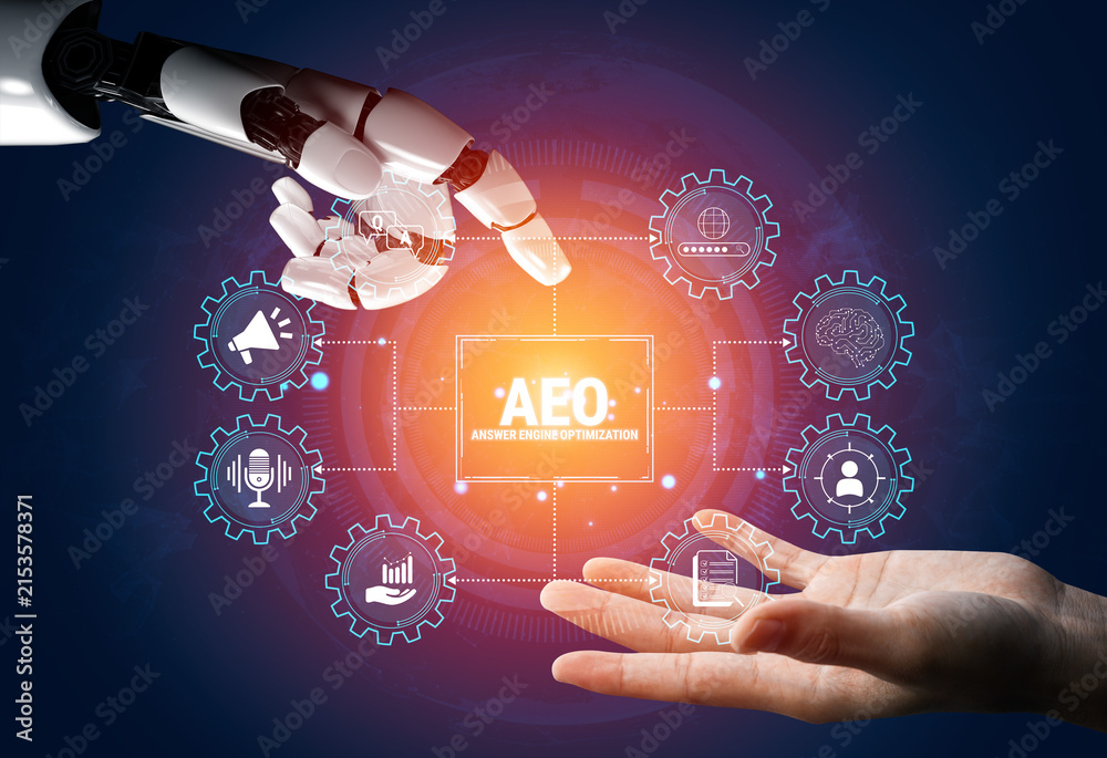 Obraz premium Futuristic Interaction Between Human Hand and Robotic Hand Representing Advanced Technology Integration and Automation in Modern Industry. Glyphic.