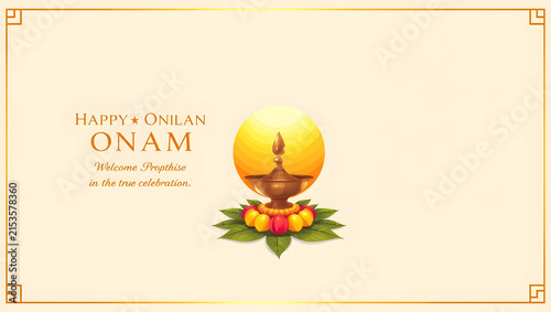 Onam banner featuring an off-center brass lamp with a glowing sun halo and floral garland set within an ornamental frame design.