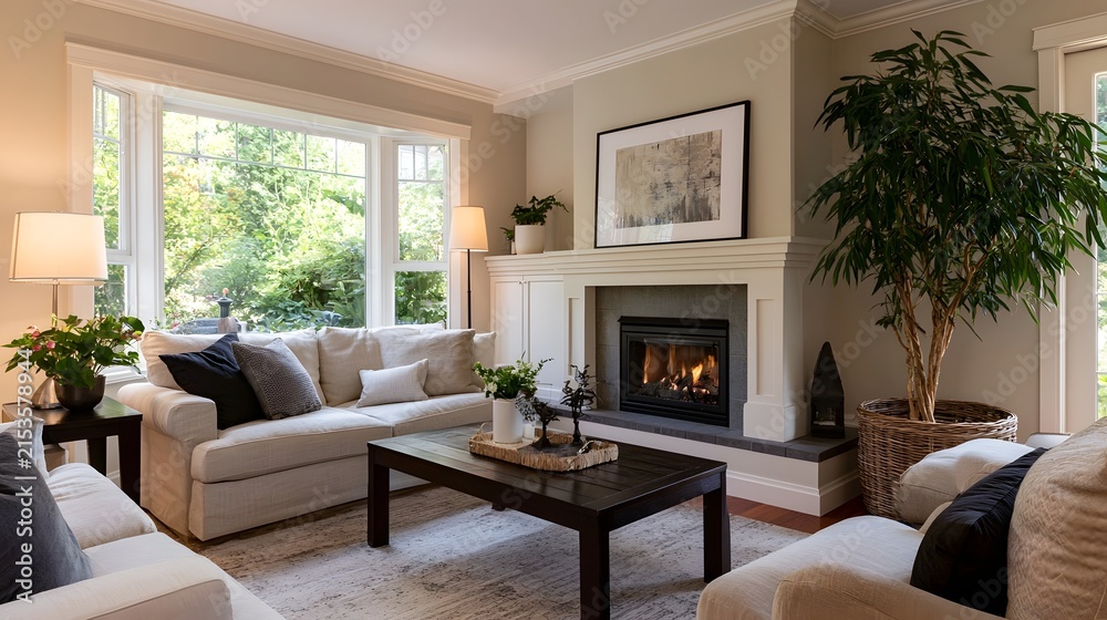 Fototapeta premium A cozy beige living room features a fireplace large overlooking greenery and comfortable seating arranged around a dark wooden coffee table