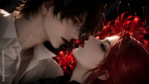 Quadro su tela Cinematic anime-inspired romantic scene featuring a young couple sharing an intimate moment surrounded by vibrant red flowers, with dramatic lighting and a dark atmospheric background