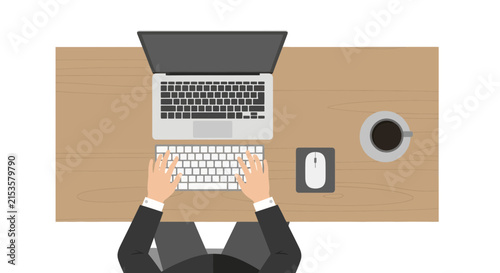 Top View Illustration of Businessman Working on Laptop at Wooden Desk with Coffee and Keyboard - Modern Workspace and Remote Work Concept