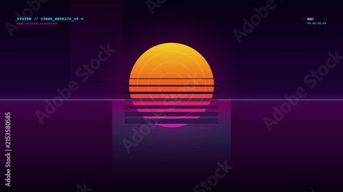 Retro cyber sunset graphic with digital glitch animation and synthwave grid background