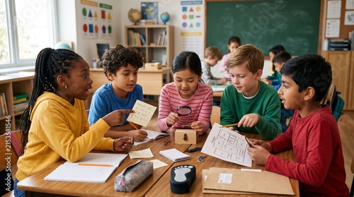 Diverse group of elementary school children collaborating on a puzzle or educational game in a bright classroom setting
