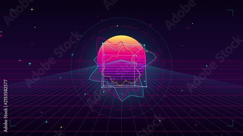 Retro futuristic wireframe graphics moving over glowing synthwave sun landscape