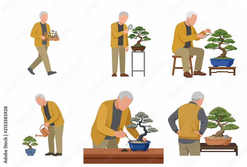 Fototapeta premium Senior Man Caring for Bonsai Tree Set. Flat vector illustration of elderly gardener pruning, watering, and tending to miniature plants as a retirement hobby.