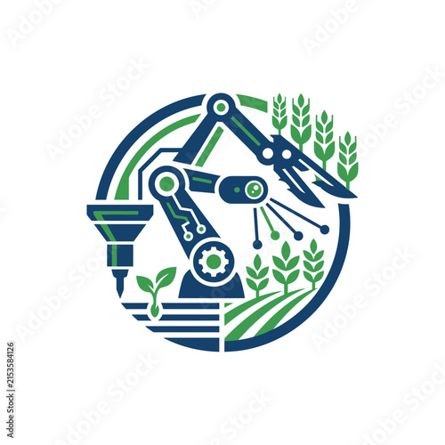 A circular icon showing a robotic arm working on a farm