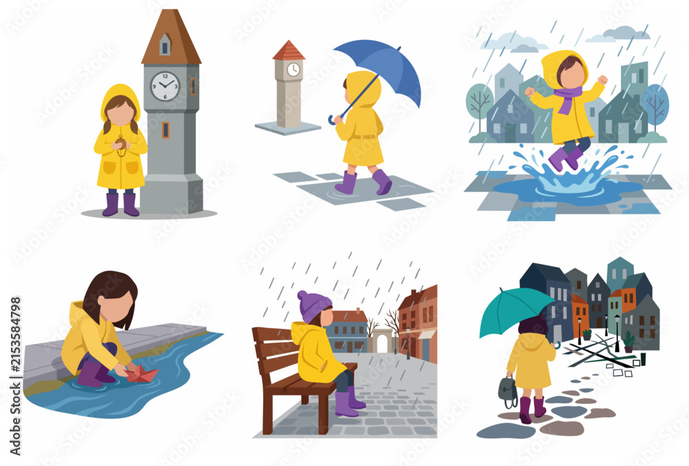 Obraz premium Set of illustrations featuring a little girl in a yellow raincoat enjoying various activities during a rainy day, including jumping in puddles and playing with a paper boat.