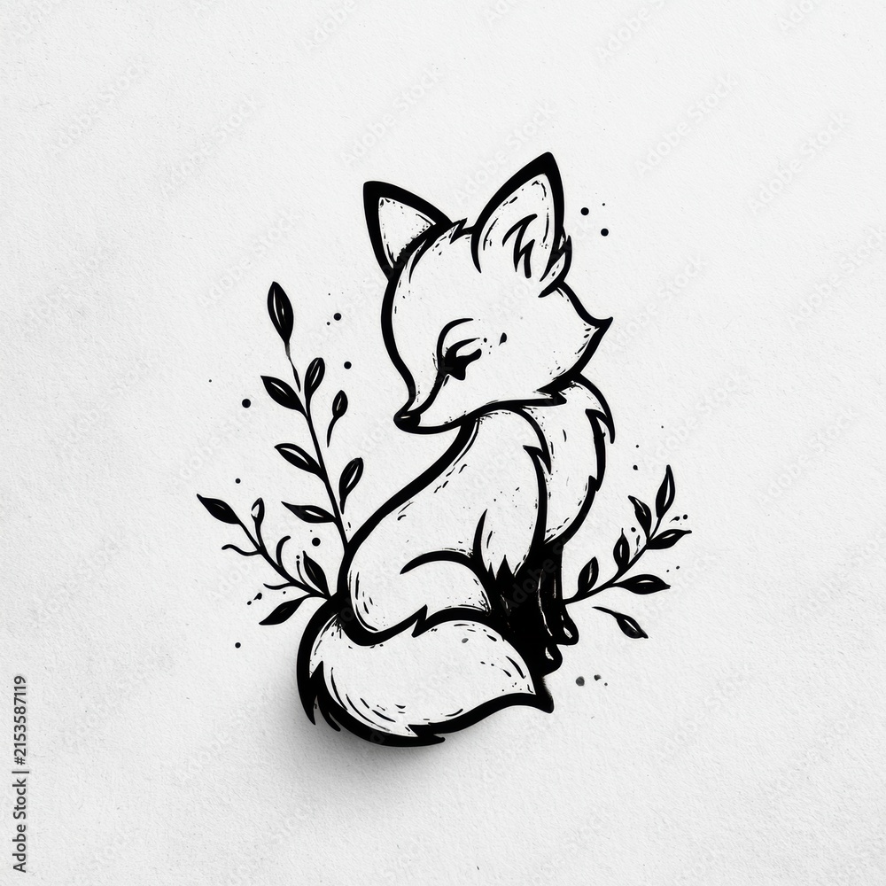 Naklejka premium A hand-drawn fox sits among leaf scribbles, creating a charming and minimal design with a simple outline and cute features.
