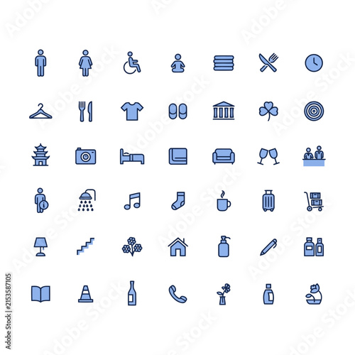 Hotel and hospitality duo tone vector icons set featuring travel amenities accommodation dining navigation and public service line art symbols