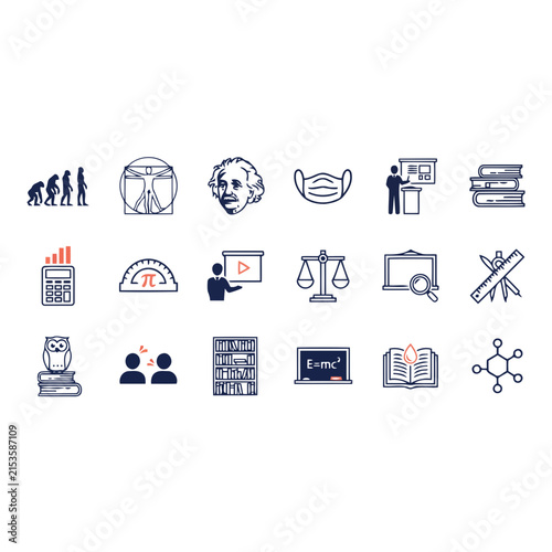 Academic education and science research vector icon set featuring human evolution, physics portrait, calculator, protractor, justice scales, chalkboard formula, books, and wisdom owl