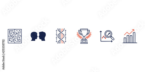 Corporate business strategy and data analytics icon set featuring puzzle maze solution, human face communication, DNA matching, trophy award success, magnifying glass, and growing bar chart