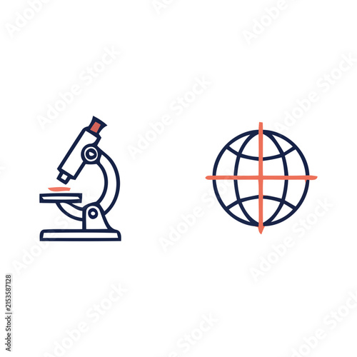 Scientific laboratory research and global navigation vector icon set featuring a microscope clinical testing tool and crosshair grid target on a world globe sphere