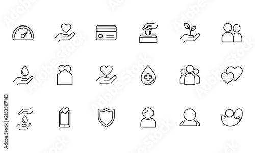 Charity donation and crowd funding thin line icons set with heart hand blood donation financial giving and community care outline symbols vector illustration