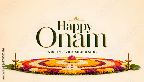 Onam celebration Happy Onam Wishing You Abundance with layered Pookkalam and twin glowing brass oil lamps design