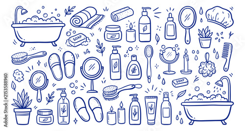 Hand drawn doodle style blue bathroom elements, bathtubs, and spa accessories set on a white background