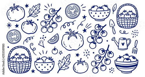 Hand drawn doodle style blue tomatoes, cherry tomatoes, and gardening elements set on a white background