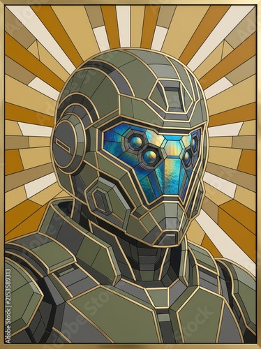 Futuristic sci-fi soldier helmet, armored cybernetic warrior portrait. Stained glass style robotic pilot, green tactical armor with sunburst background.