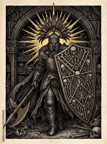 Gothic knight illustration with skull shield and halberd. Dark fantasy warrior in plate armor. Macabre undead guardian in a bone crypt.