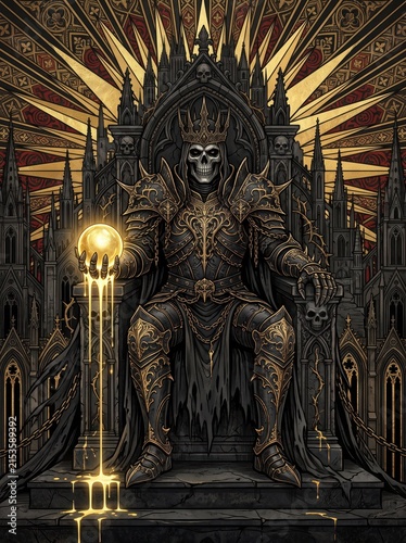 Gothic skeleton king on dark throne, undead monarch in ornate armor holding glowing orb, fantasy lich ruler in macabre cathedral