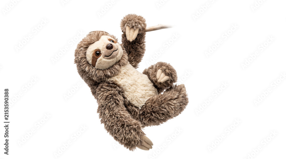 Naklejka premium Cute plush sloth toy hanging from a branch with a happy expression PNG Isolated on transparent background