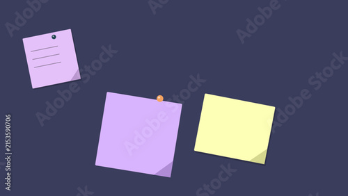 Minimalist vector illustration featuring three colored adhesive paper notes attached to a dark background surface with notes pinned smooth displays set three blue surface flat