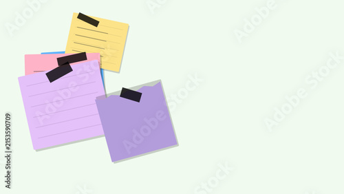 Colorful pastel sticky notes arranged on plain background for organizational planning with collection overlapping pastel colored adhesive notes secured decorative tape clean minimalist backdrop