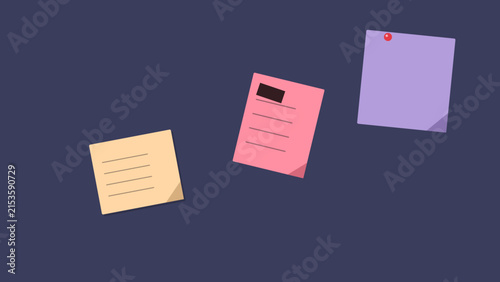 Minimalist vector illustration featuring three colorful sticky notes arranged against a dark blue background surface with adhesive notes yellow pink purple arranged displays minimalist