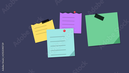 Colorful adhesive notes arranged on dark background for organization task management with displays collection colorful sticky notes various shapes sizes attached solid dark blue surface