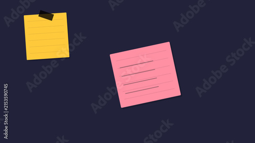 Yellow and pink sticky notes attached to a dark minimalist wall surface for organization with dark blue background note attached communication productivity illustration with information