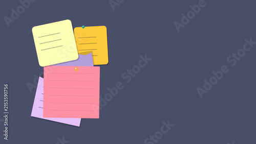 Assorted colorful sticky notes arranged on dark purple background for creative office organization with collection colorful adhesive arranged layered stack stack against solid