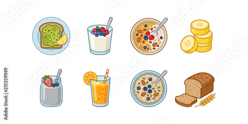 Healthy Breakfast Food Collection Featuring Avocado Toast, Yogurt, Granola, Banana, Chia Pudding, Orange Juice, Oatmeal, and Whole Grain Bread for Nutrition and Wellness Design Concepts