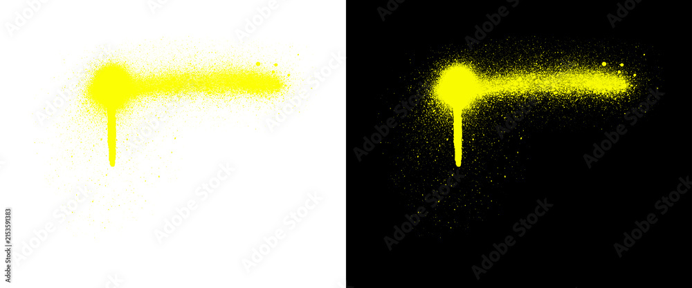Obraz premium Yellow spray paint drip on black and white background, neon graffiti aerosol splatter, urban street art design element