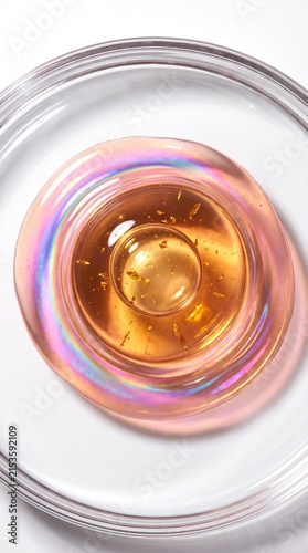 透明な水面に浮かぶローズヒップシードオイルの大きな滴。ピンクや琥珀色の薄膜干渉による虹色の輝きを帯びている。