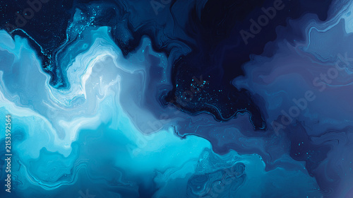 Plakat w ramie ブルーの流体マーブルアート 幻想的なインクが渦巻く抽象背景