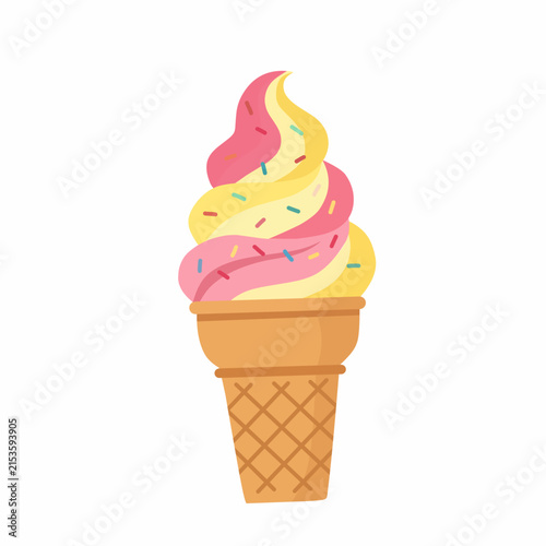Colorful soft serve ice cream cone with pink and yellow swirls and sprinkles, cartoon illustration isolated on white background