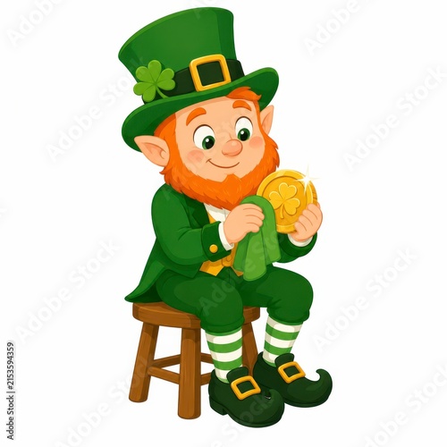 Leprechaun polishing gold coin isolated on white background