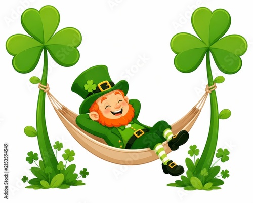 Leprechaun relaxing in a hammock isolated on white background