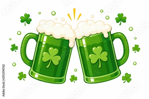 St Patricks Day green beer mugs toasting on white background