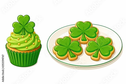 St Patricks Day cupcake and shamrock cookies